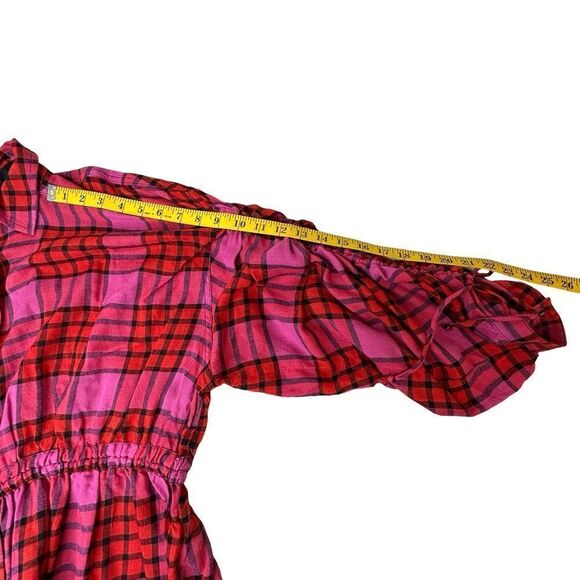 WE THE FREE Pacific Dawn Plaid Shirt Red Pink Cinch Waist Tie Back Size Large - Picture 13 of 16